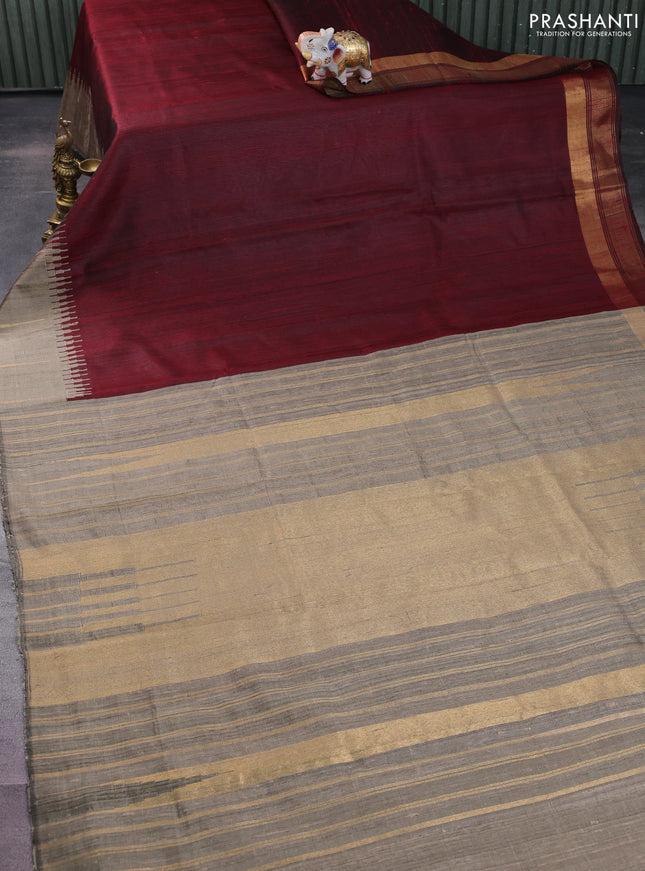 Pure dupion silk saree maroon and grey with plain body and temple design simple border