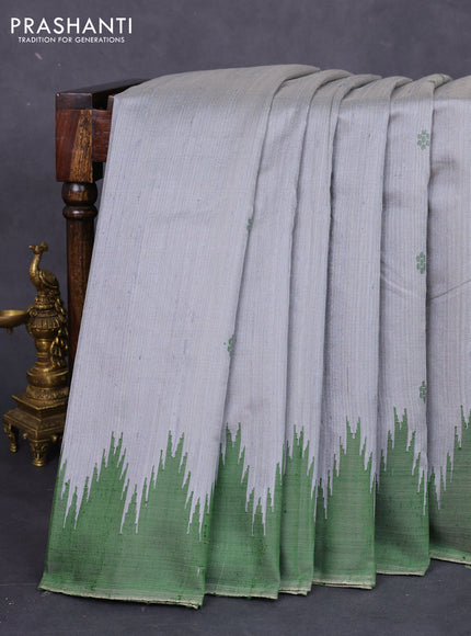 Pure dupion silk saree grey and green with thread woven buttas and temple design simple border