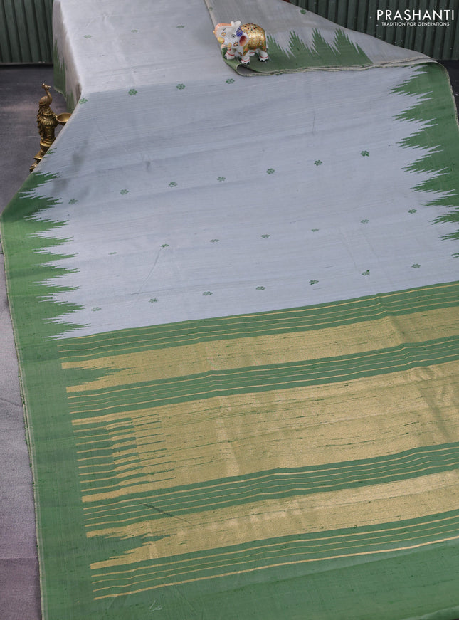 Pure dupion silk saree grey and green with thread woven buttas and temple design simple border