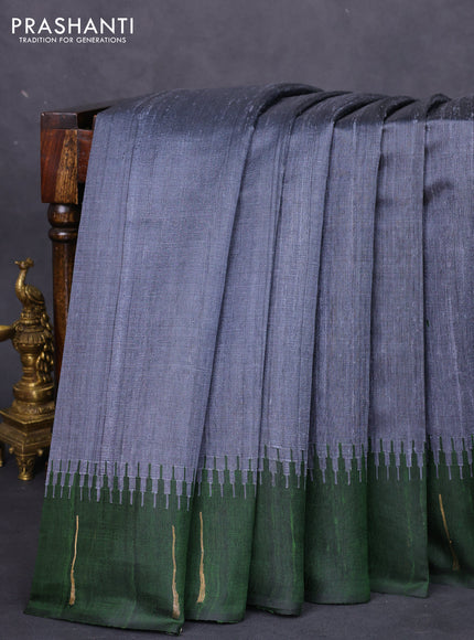 Pure dupion silk saree grey and sap green with plain body and temple design simple border