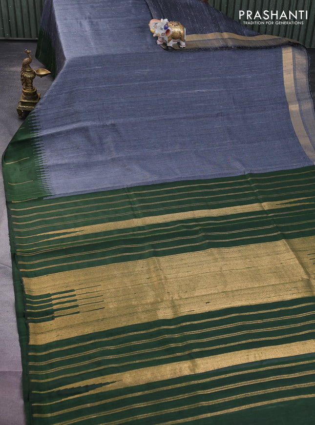 Pure dupion silk saree grey and sap green with plain body and temple design simple border