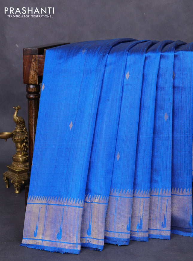 Pure dupion silk saree cs blue with zari woven buttas and zari woven border