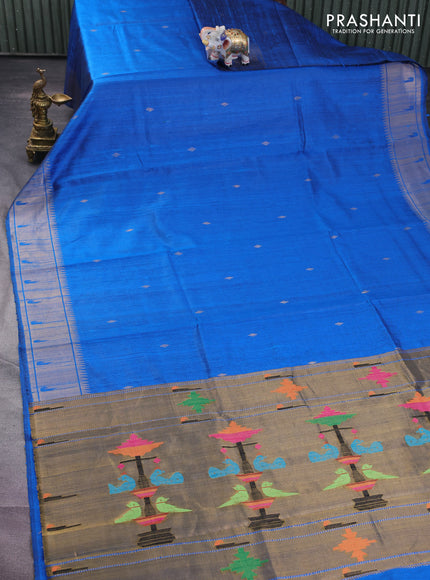 Pure dupion silk saree cs blue with zari woven buttas and zari woven border