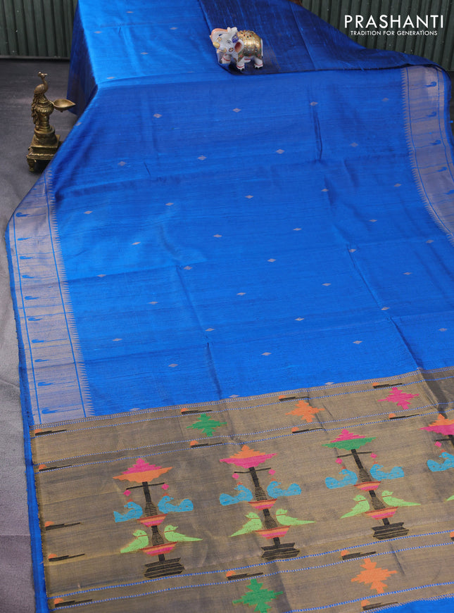 Pure dupion silk saree cs blue with zari woven buttas and zari woven border