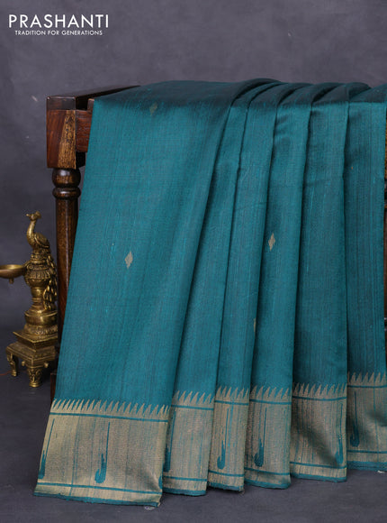Pure dupion silk saree peacock green with zari woven buttas and zari woven border