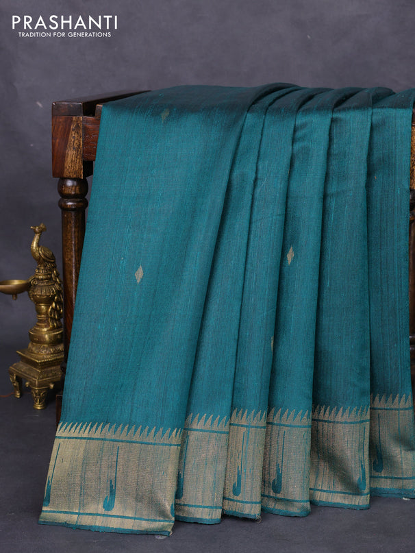 Pure dupion silk saree peacock green with zari woven buttas and zari woven border