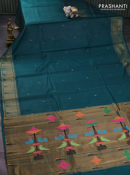 Pure dupion silk saree peacock green with zari woven buttas and zari woven border