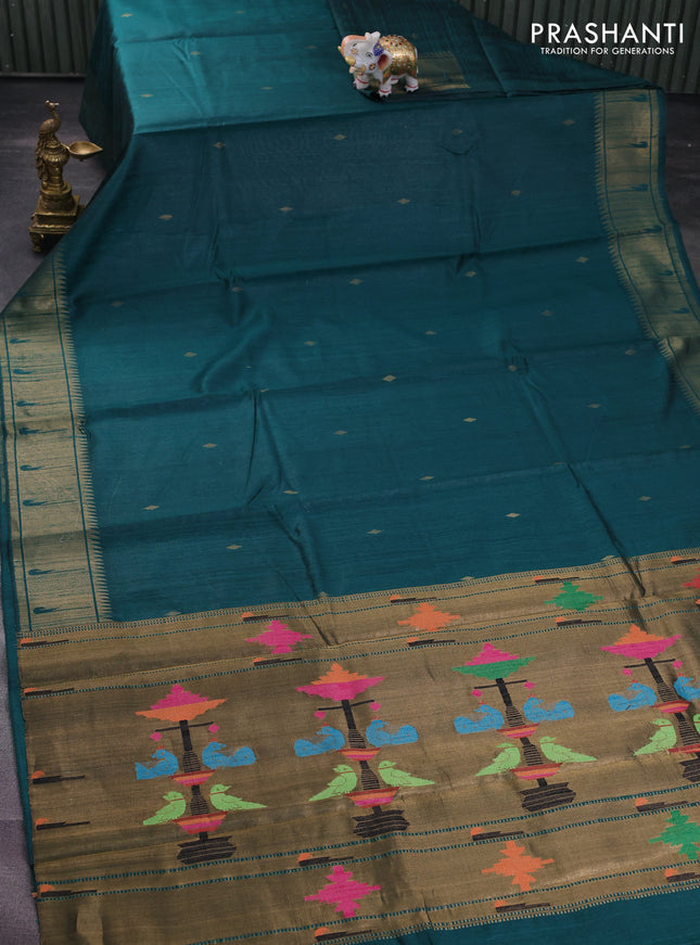 Pure dupion silk saree peacock green with zari woven buttas and zari woven border