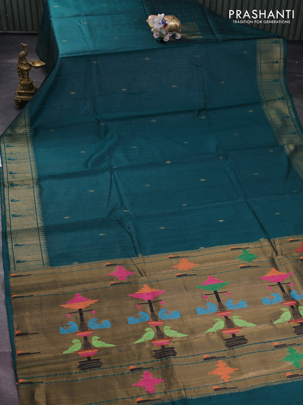 Pure dupion silk saree peacock green with zari woven buttas and zari woven border