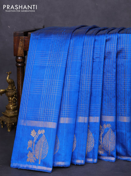 Pure dupion silk saree cs blue with allover zari checked pattern and zari woven butta border