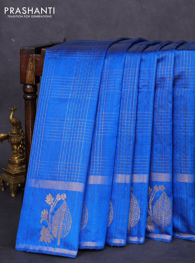 Pure dupion silk saree cs blue with allover zari checked pattern and zari woven butta border