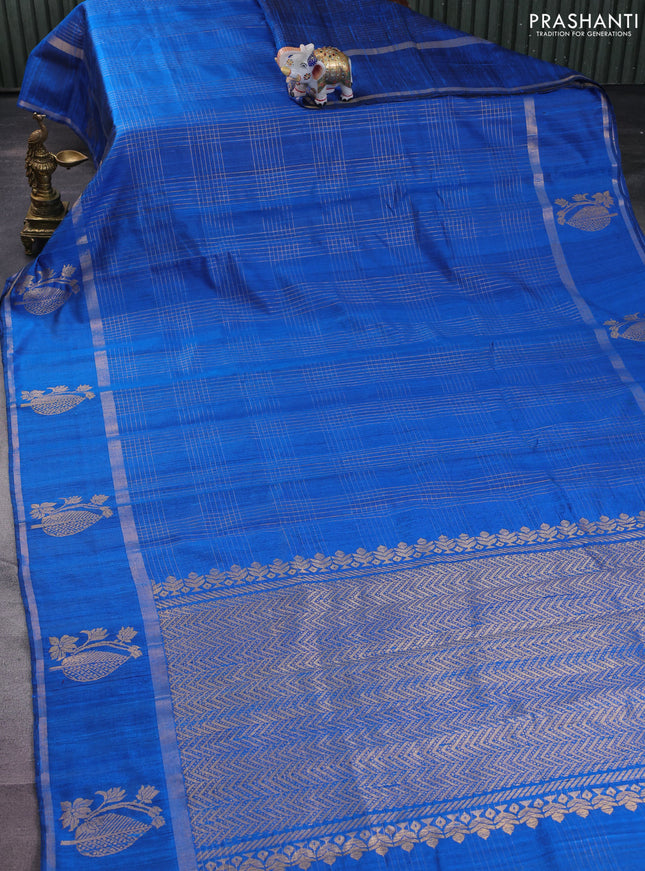 Pure dupion silk saree cs blue with allover zari checked pattern and zari woven butta border