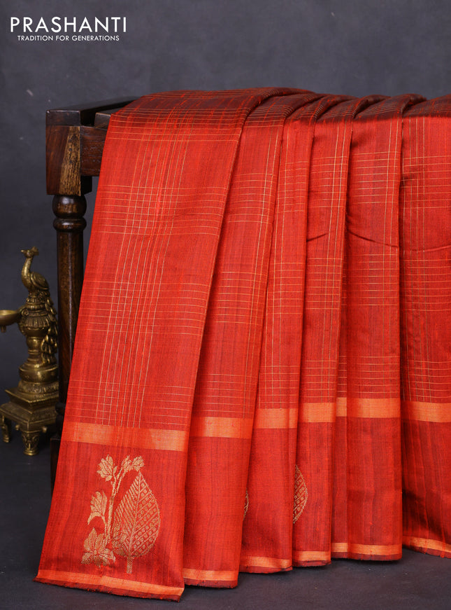 Pure dupion silk saree orange with allover zari checked pattern and zari woven butta border