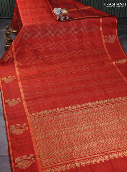 Pure dupion silk saree orange with allover zari checked pattern and zari woven butta border