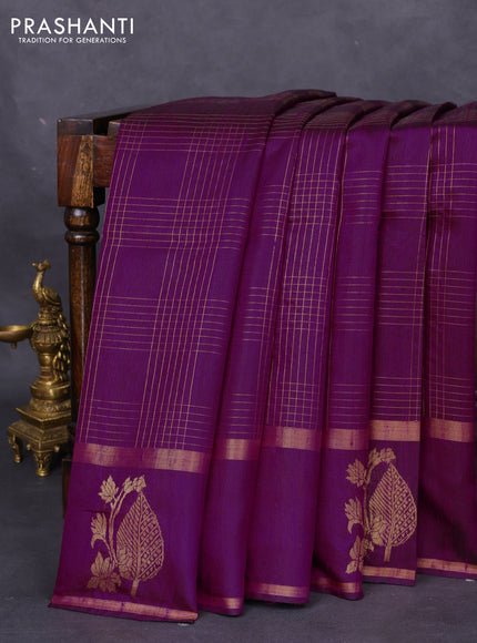 Pure dupion silk saree purple with allover zari checked pattern and zari woven butta border