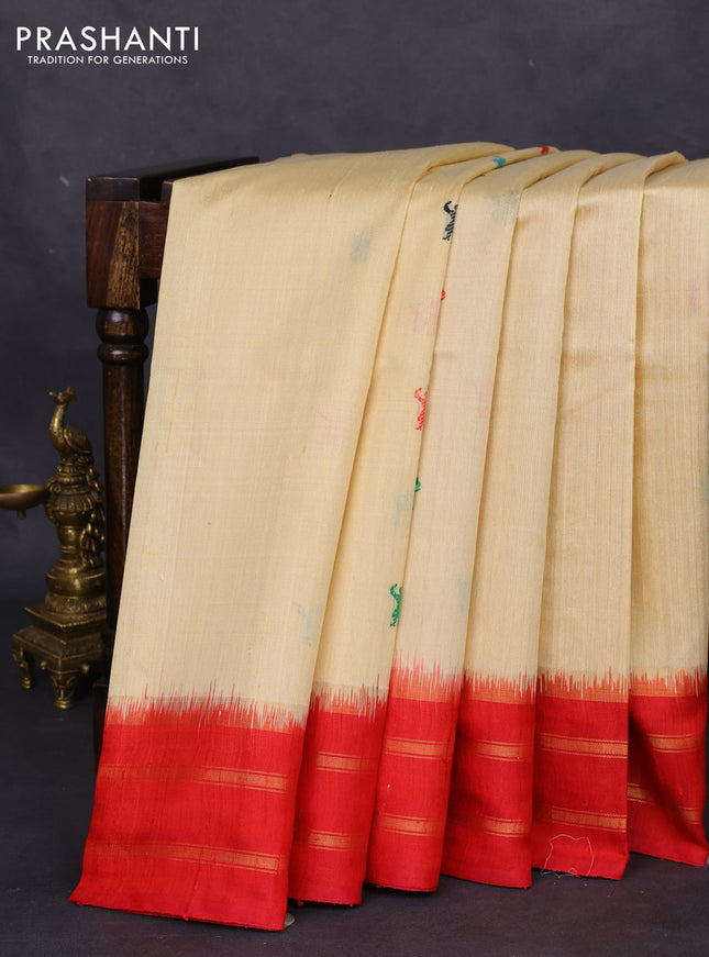 Pure dupion silk saree sandal and red with thread woven buttas and zari woven border