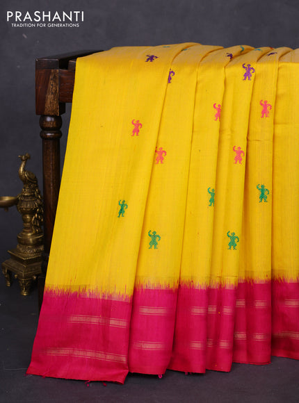 Pure dupion silk saree yellow and pink with thread woven buttas and zari woven border