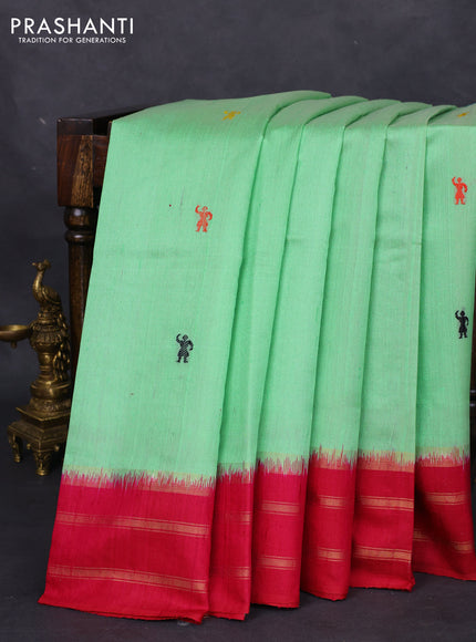 Pure dupion silk saree pista green and pink with thread woven buttas and zari woven border