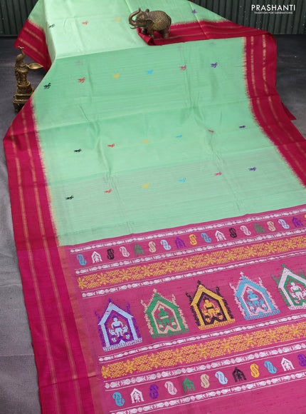 Pure dupion silk saree pista green and pink with thread woven buttas and zari woven border