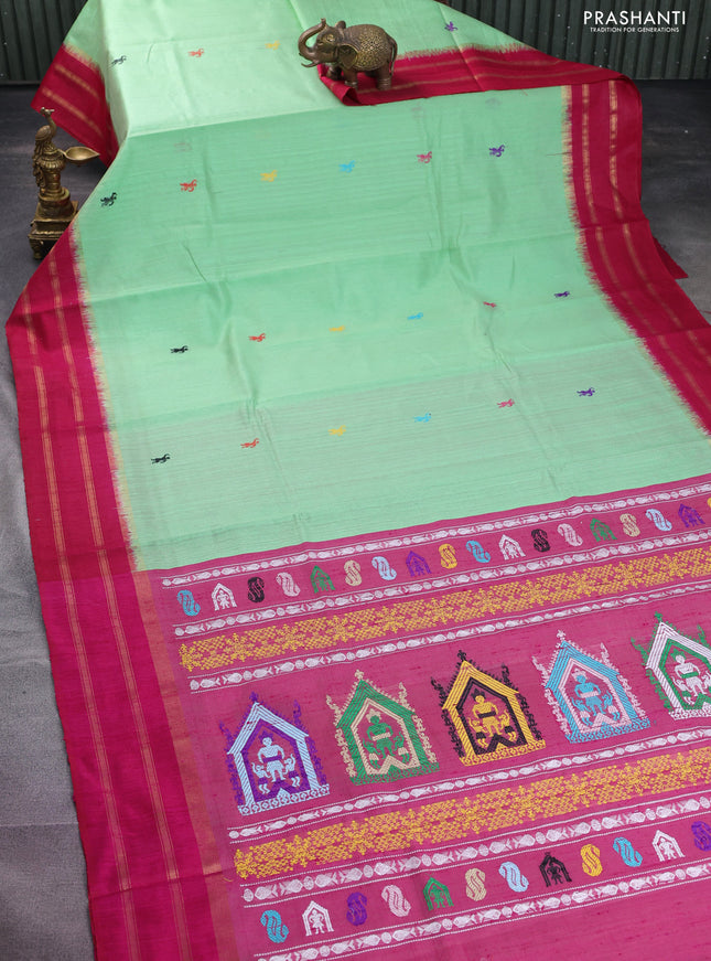 Pure dupion silk saree pista green and pink with thread woven buttas and zari woven border