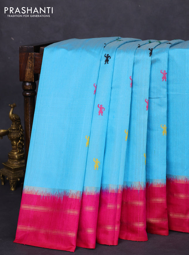 Pure dupion silk saree light blue and pink with thread woven buttas and zari woven border