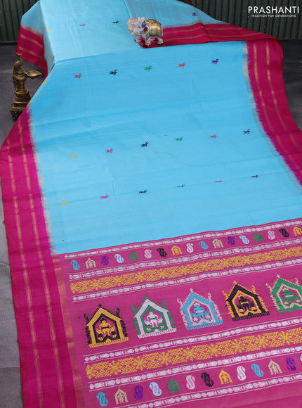 Pure dupion silk saree light blue and pink with thread woven buttas and zari woven border