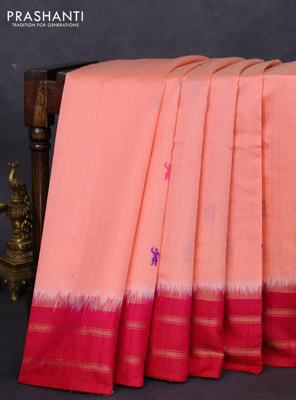 Pure dupion silk saree peach orange and pink with thread woven buttas and zari woven border