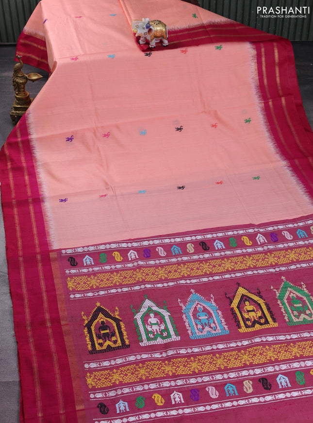 Pure dupion silk saree peach orange and pink with thread woven buttas and zari woven border