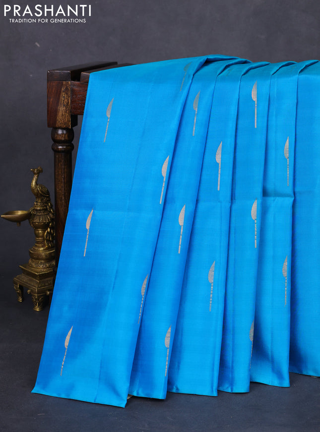 Pure soft silk saree cs blue and mauve pink with zari woven buttas in borderless style