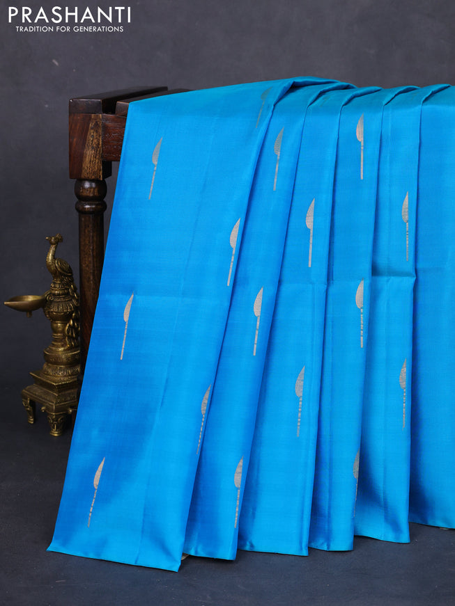 Pure soft silk saree cs blue and mauve pink with zari woven buttas in borderless style