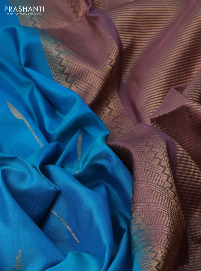 Pure soft silk saree cs blue and mauve pink with zari woven buttas in borderless style