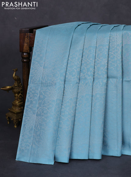 Pure soft silk saree pastel blue with allover silver zari woven brocade weaves in borderless style