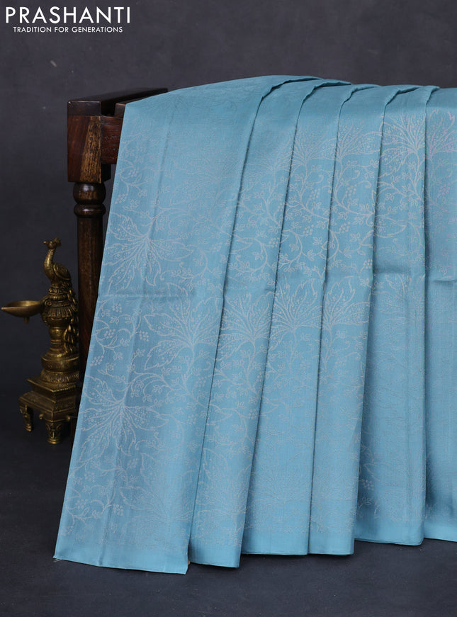 Pure soft silk saree pastel blue with allover silver zari woven brocade weaves in borderless style