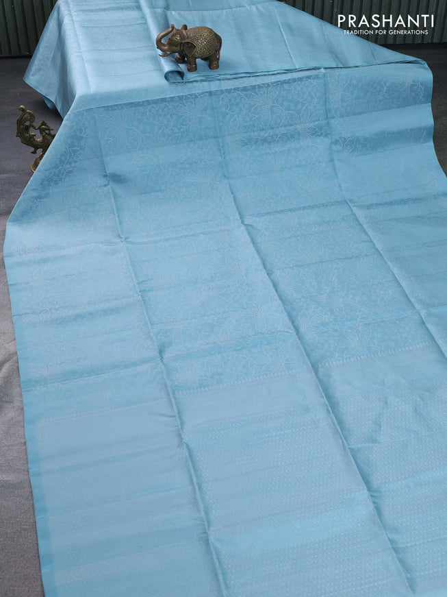 Pure soft silk saree pastel blue with allover silver zari woven brocade weaves in borderless style