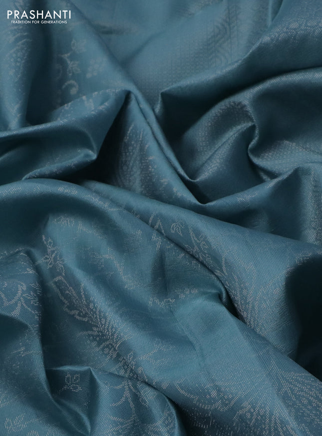 Pure soft silk saree pastel blue with allover silver zari woven brocade weaves in borderless style