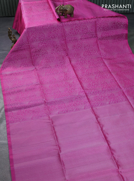 Pure soft silk saree pink with allover silver zari woven brocade weaves in borderless style