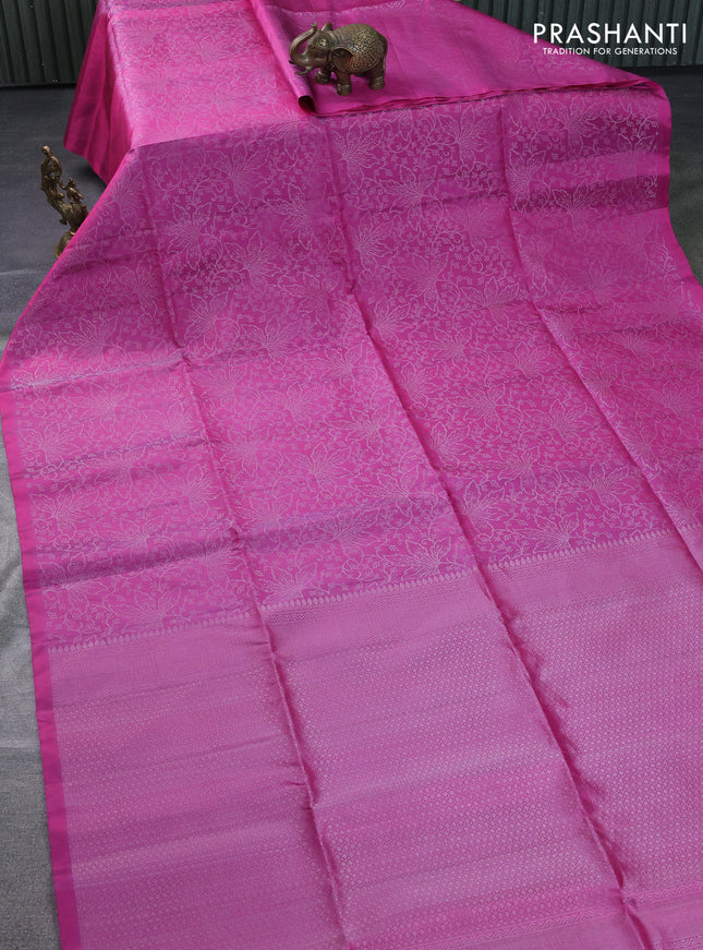 Pure soft silk saree pink with allover silver zari woven brocade weaves in borderless style