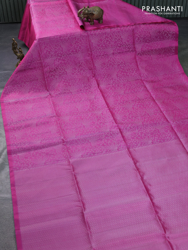 Pure soft silk saree pink with allover silver zari woven brocade weaves in borderless style