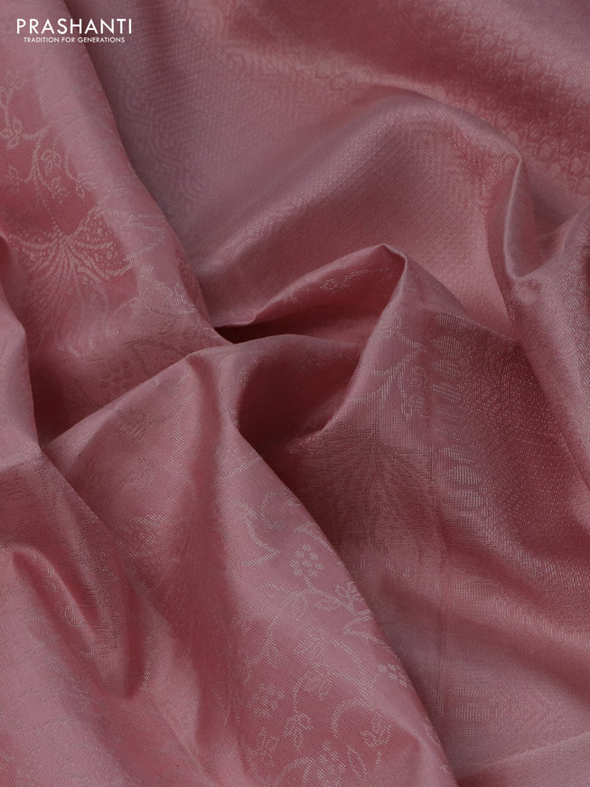 Pure soft silk saree peach shade with allover silver zari woven brocade weaves in borderless style