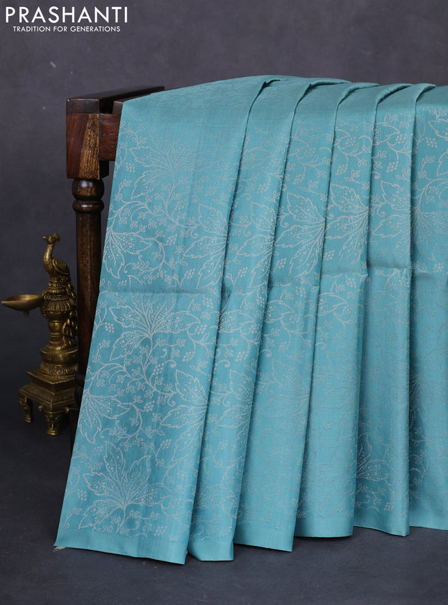 Pure soft silk saree pastel blue with allover silver zari woven brocade weaves in borderless style