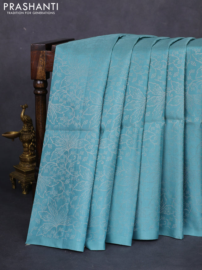 Pure soft silk saree pastel blue with allover silver zari woven brocade weaves in borderless style
