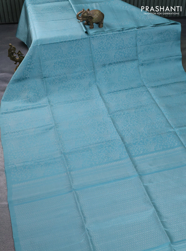 Pure soft silk saree pastel blue with allover silver zari woven brocade weaves in borderless style