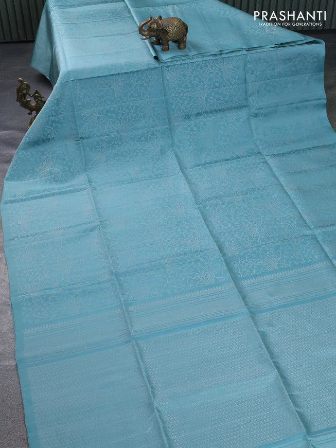 Pure soft silk saree pastel blue with allover silver zari woven brocade weaves in borderless style