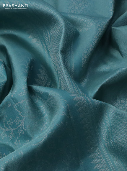 Pure soft silk saree pastel blue with allover silver zari woven brocade weaves in borderless style