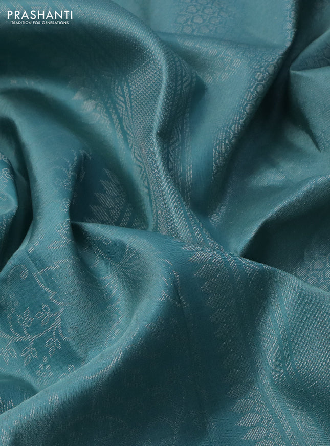 Pure soft silk saree pastel blue with allover silver zari woven brocade weaves in borderless style