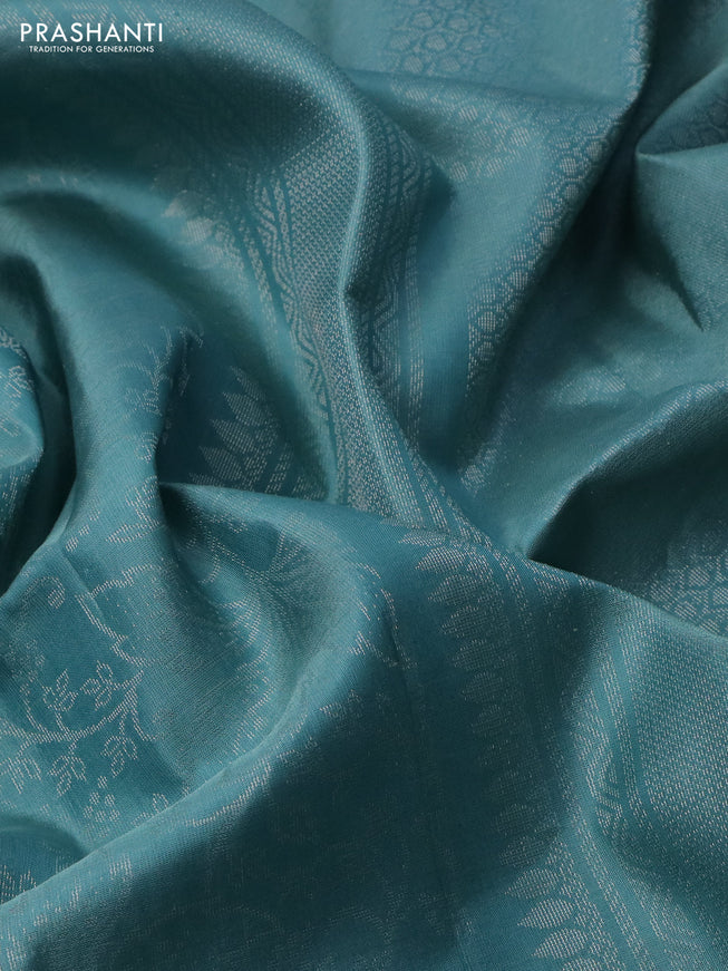 Pure soft silk saree pastel blue with allover silver zari woven brocade weaves in borderless style