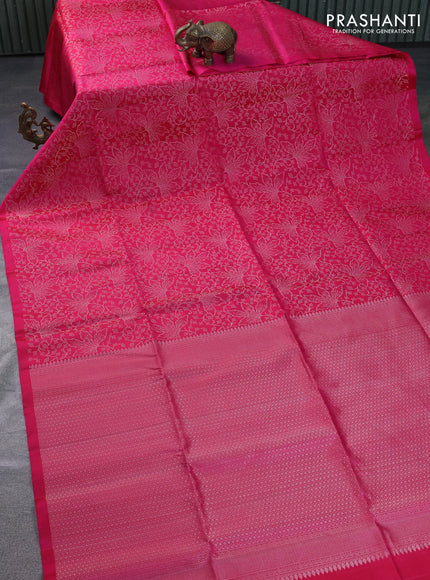 Pure soft silk saree pink with allover silver zari woven brocade weaves in borderless style