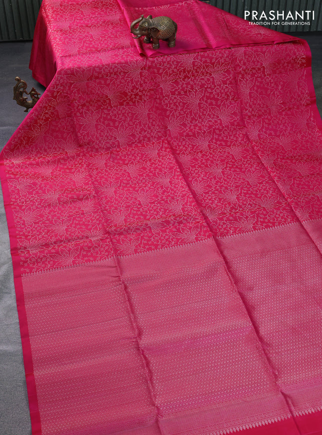 Pure soft silk saree pink with allover silver zari woven brocade weaves in borderless style