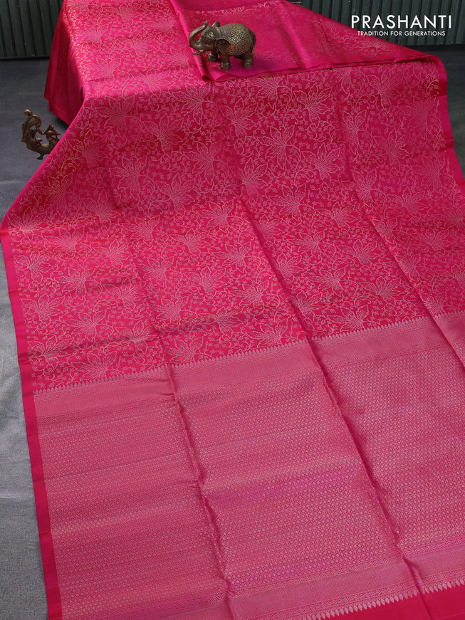 Pure soft silk saree pink with allover silver zari woven brocade weaves in borderless style