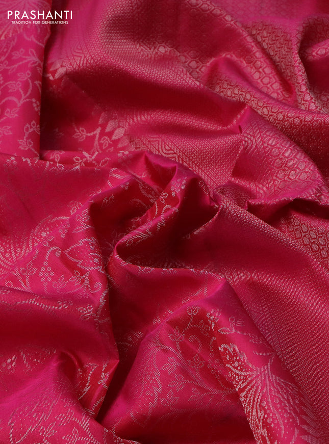 Pure soft silk saree pink with allover silver zari woven brocade weaves in borderless style